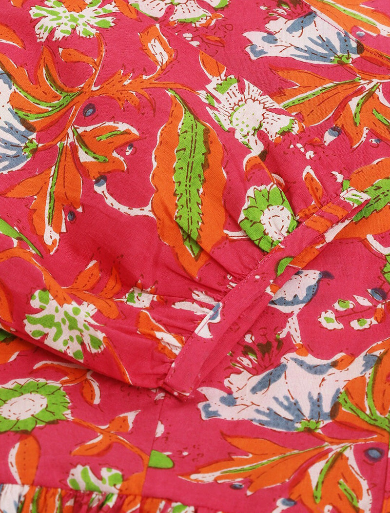 Pink Women Floral Printed V-Neck Cotton Peplum Regular Sleeves Top