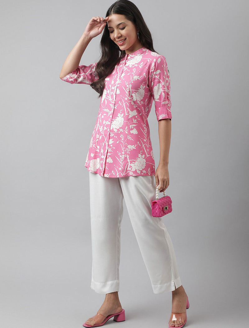 Pink Women Floral Print Mandarin Collar Roll-Up Sleeves A-line Shirt Style Top