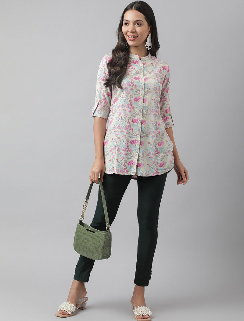 Cream Women Floral Print Mandarin Collar Roll-Up Sleeves A-line Shirt Style Top