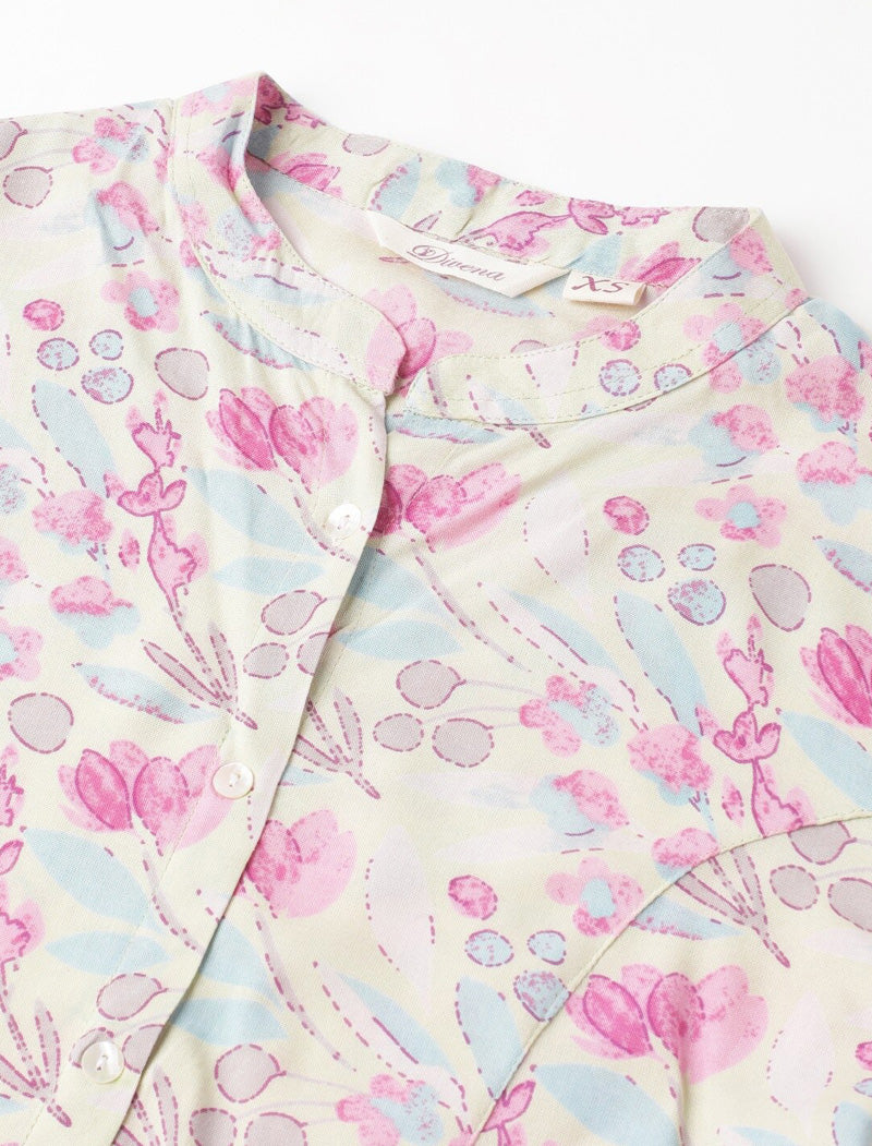 Cream Women Floral Print Mandarin Collar Roll-Up Sleeves A-line Shirt Style Top