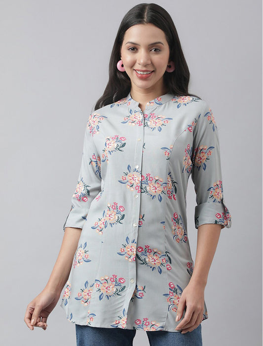 Grey Women Floral Print Mandarin Collar Roll-Up Sleeves A-line Shirt Style Top