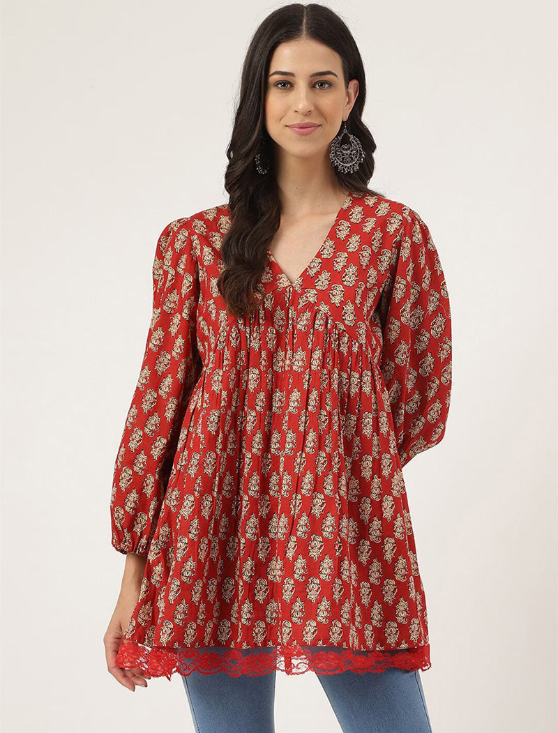 Red Women Floral Ethnic Puff Sleeves Gathered Peplum Top