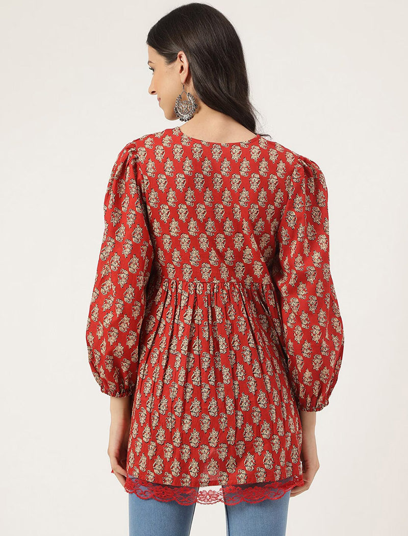 Red Women Floral Ethnic Puff Sleeves Gathered Peplum Top