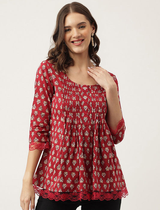 Maroon Women Ethnic Motifs Printed Knitted Cotton A-Line Top