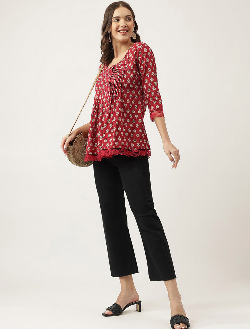 Maroon Women Ethnic Motifs Printed Knitted Cotton A-Line Top