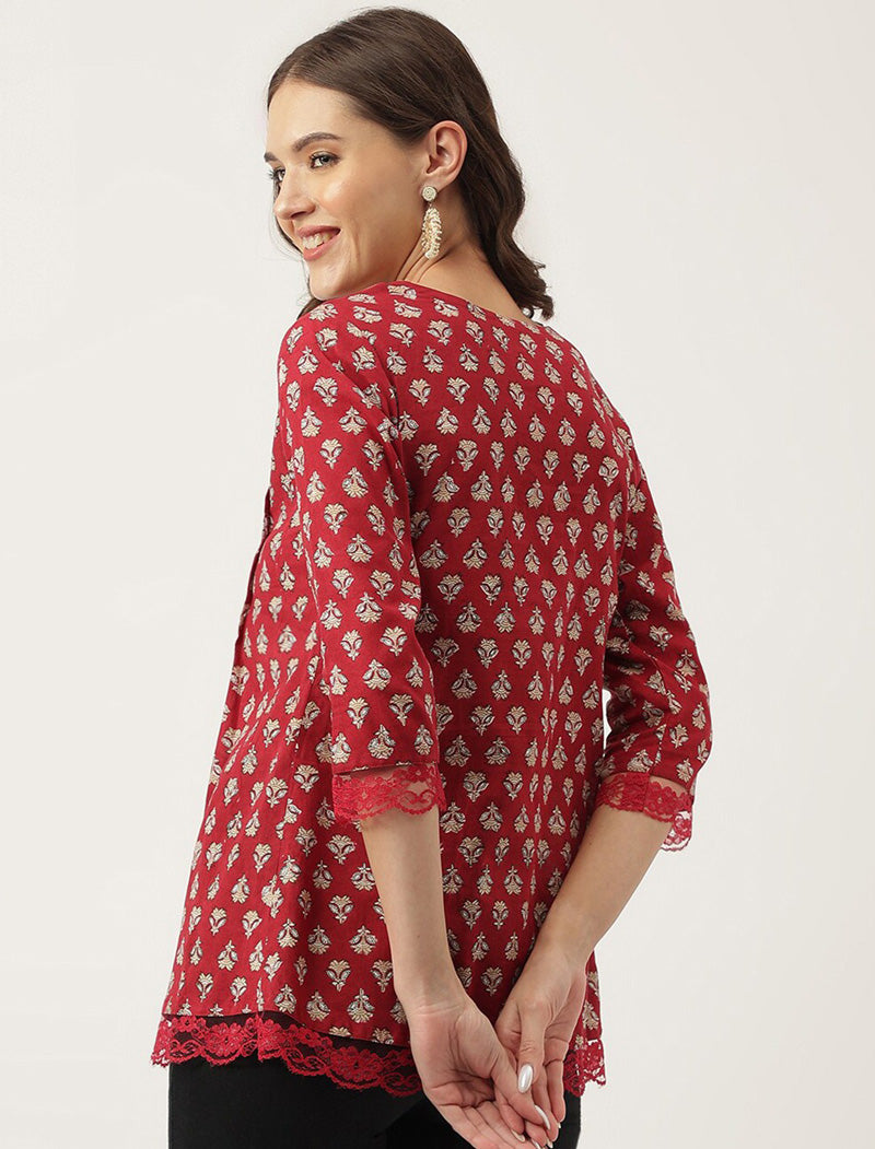 Maroon Women Ethnic Motifs Printed Knitted Cotton A-Line Top