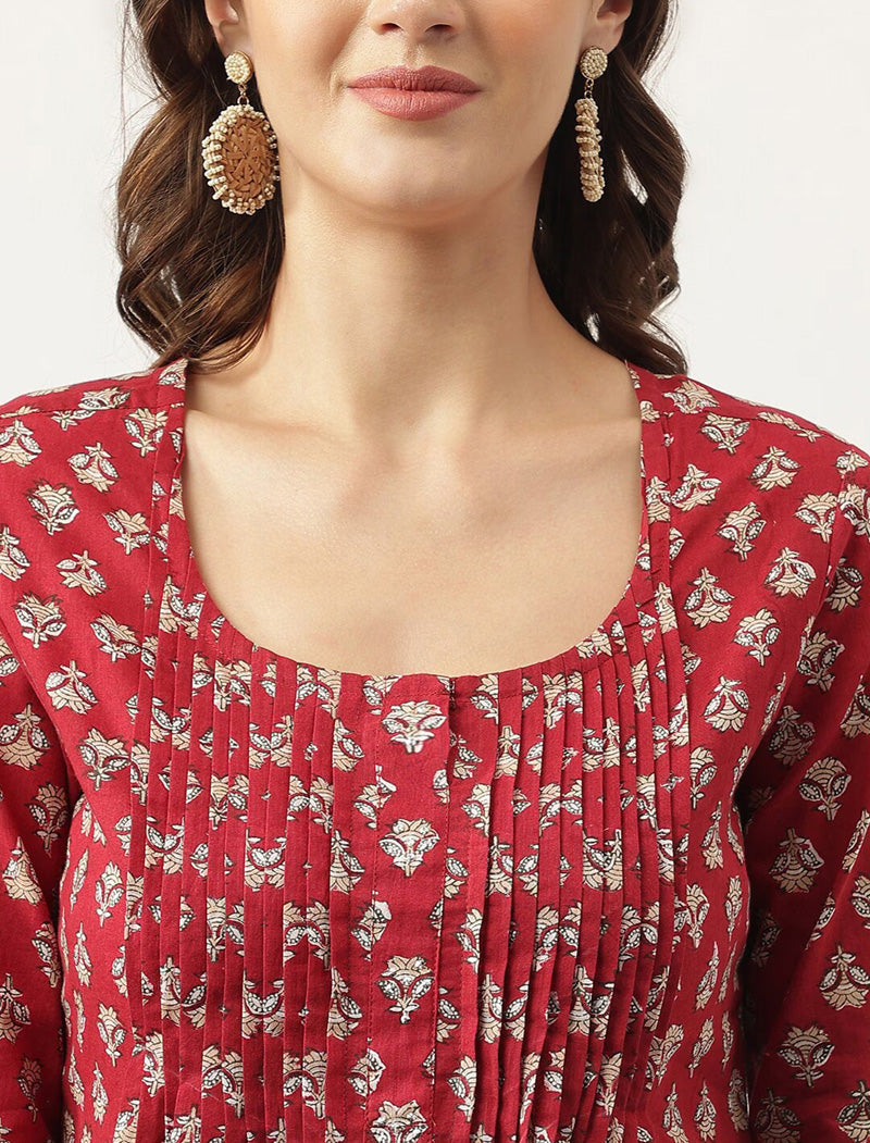Maroon Women Ethnic Motifs Printed Knitted Cotton A-Line Top