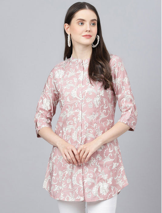 Pink Floral Print Mandarin Collar Roll-Up Sleeves Shirt Style Longline Top For Women