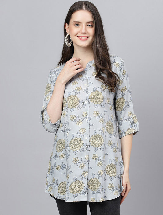 Blue Floral Print Mandarin Collar Roll-Up Sleeves Shirt Style Longline Top For Women