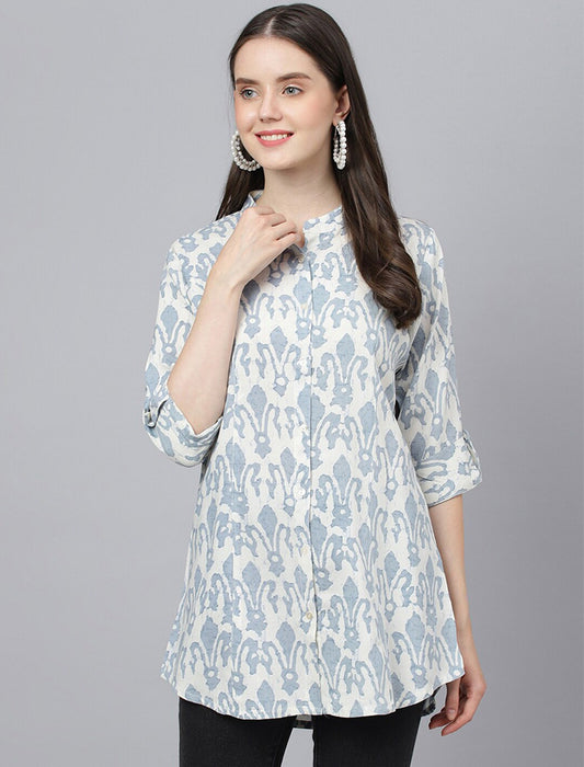 White Print Mandarin Collar Roll-Up Sleeves Shirt Style Longline Top For Women