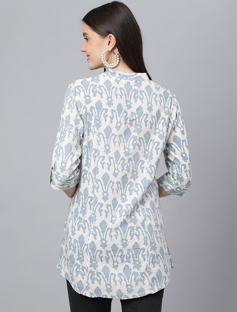White Print Mandarin Collar Roll-Up Sleeves Shirt Style Longline Top For Women