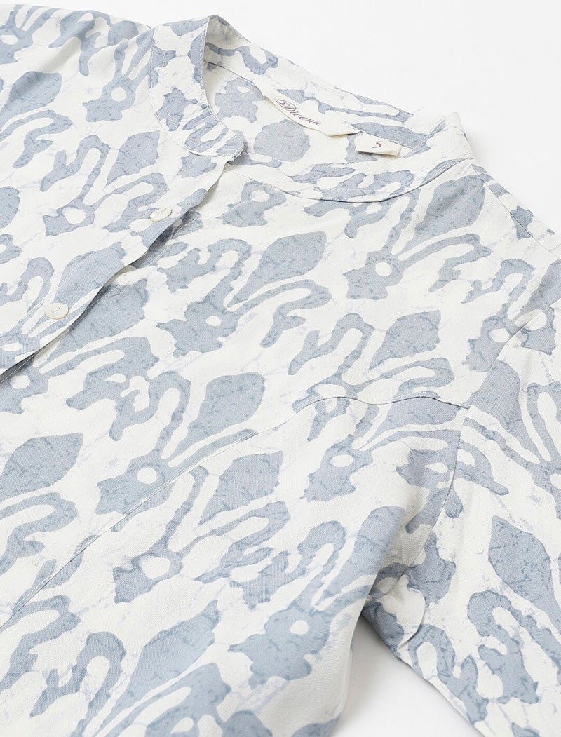 White Print Mandarin Collar Roll-Up Sleeves Shirt Style Longline Top For Women