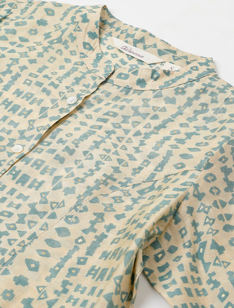 Beige Print Mandarin Collar Roll-Up Sleeves Shirt Style Longline Top For Women