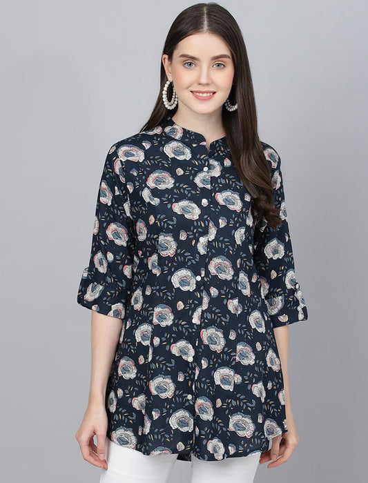 Blue Floral Printed Mandarin Collar Roll-Up Sleeves Shirt Style Longline Top For Women