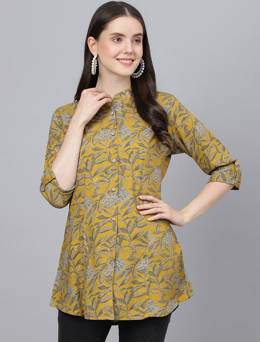 Mustard Yellow Floral Print Mandarin Collar Shirt Style Longline Top For Women