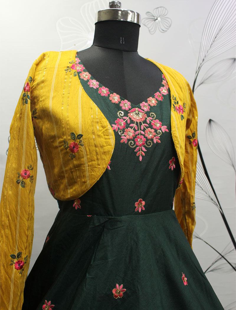 Green And Yellow Cotton Semi Stitched Wedding Women Anarkali Gown With Sequince Embroidered Work