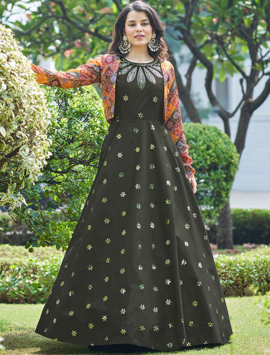Olive And Multi Pure Cotton Gown And Koti With Silk Crepe Inner An Sequince Embroidered Work Semi Stitched Anarkali Gown Set
