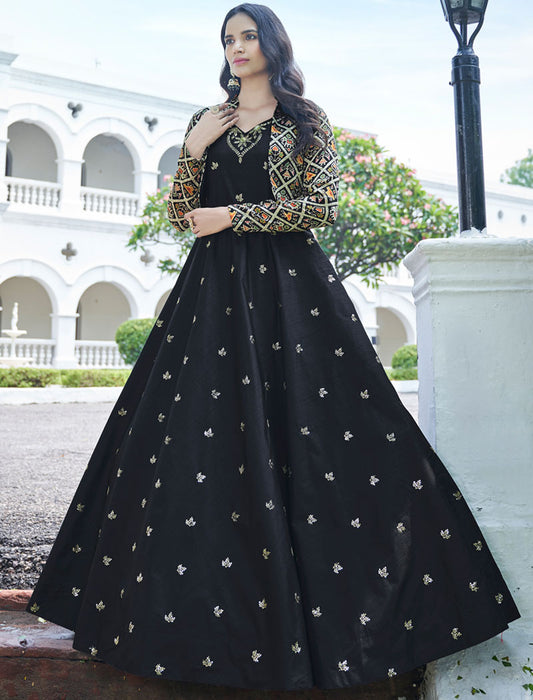 Black And Multi Pure Cotton Gown And Koti With Silk Crepe Inner An Sequince Embroidered Work Semi Stitched Anarkali Gown Set