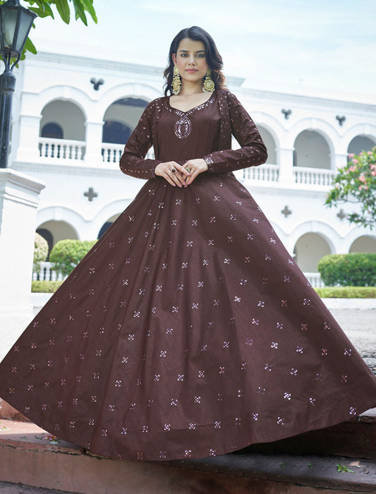 Maroon And Maroon Pure Cotton Gown And Koti With Silk Crepe Inner An Sequince Embroidered Work Semi Stitched Anarkali Gown Set