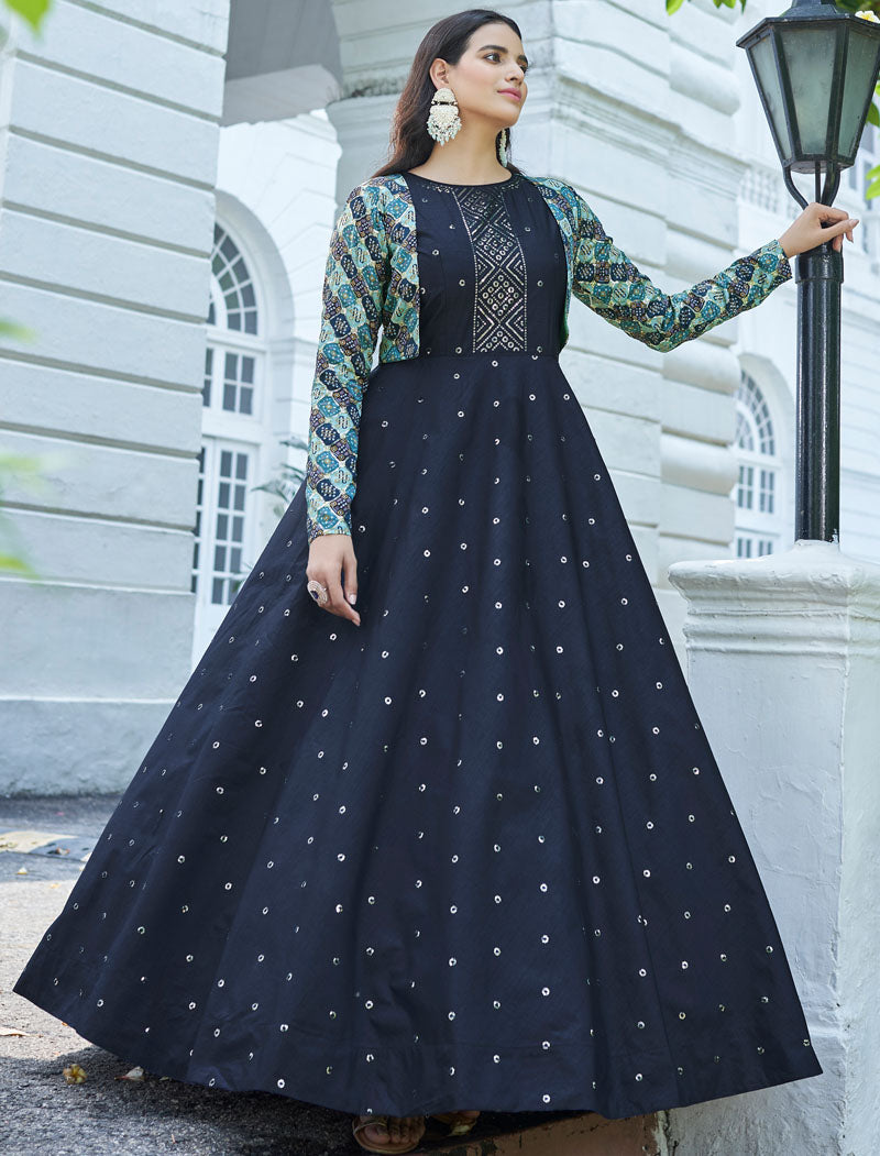 Blue And Multi Pure Cotton Gown And Koti With Silk Crepe Inner An Sequince Embroidered Work Semi Stitched Anarkali Gown Set
