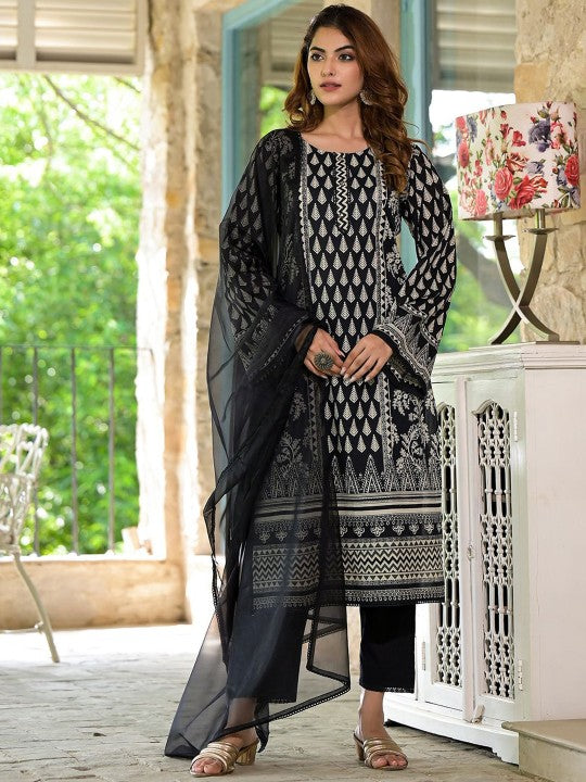 Ethnic Black Cotton Straight Fit Knee Long Kurta Set for Women
