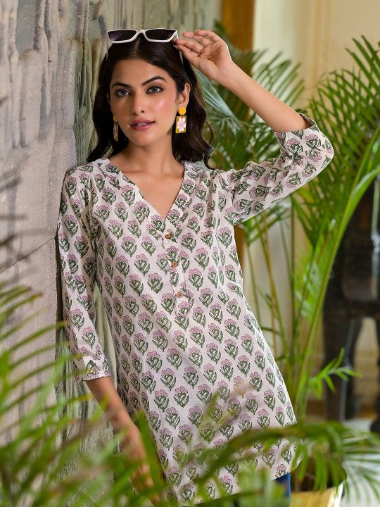 White Ethnic Floral Print Pure Cotton A-line Casual Top