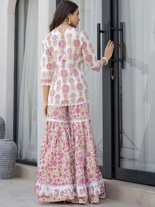 Ethnic White Floral Print Pure Cotton Kurta Sharara Set for Women