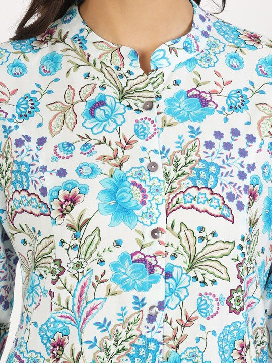 Ethnic White Floral Printed Viscose Rayon Casual Top