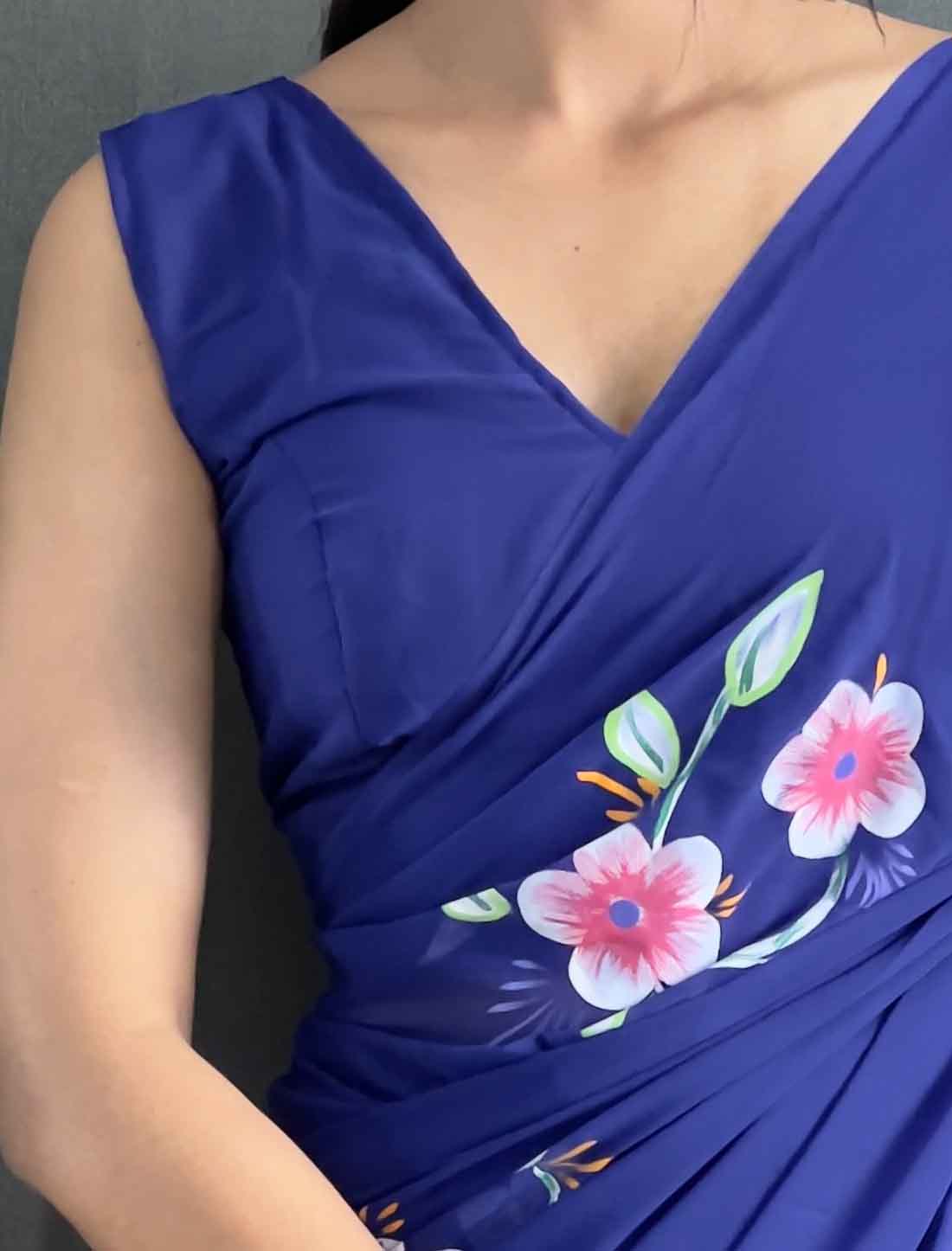 Blue Faux Georgette Ethnic Hand Painted Ready To Wear Saree