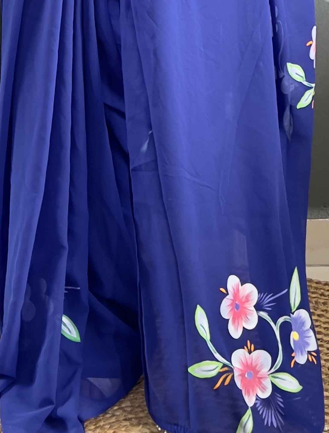 Blue Faux Georgette Ethnic Hand Painted Ready To Wear Saree