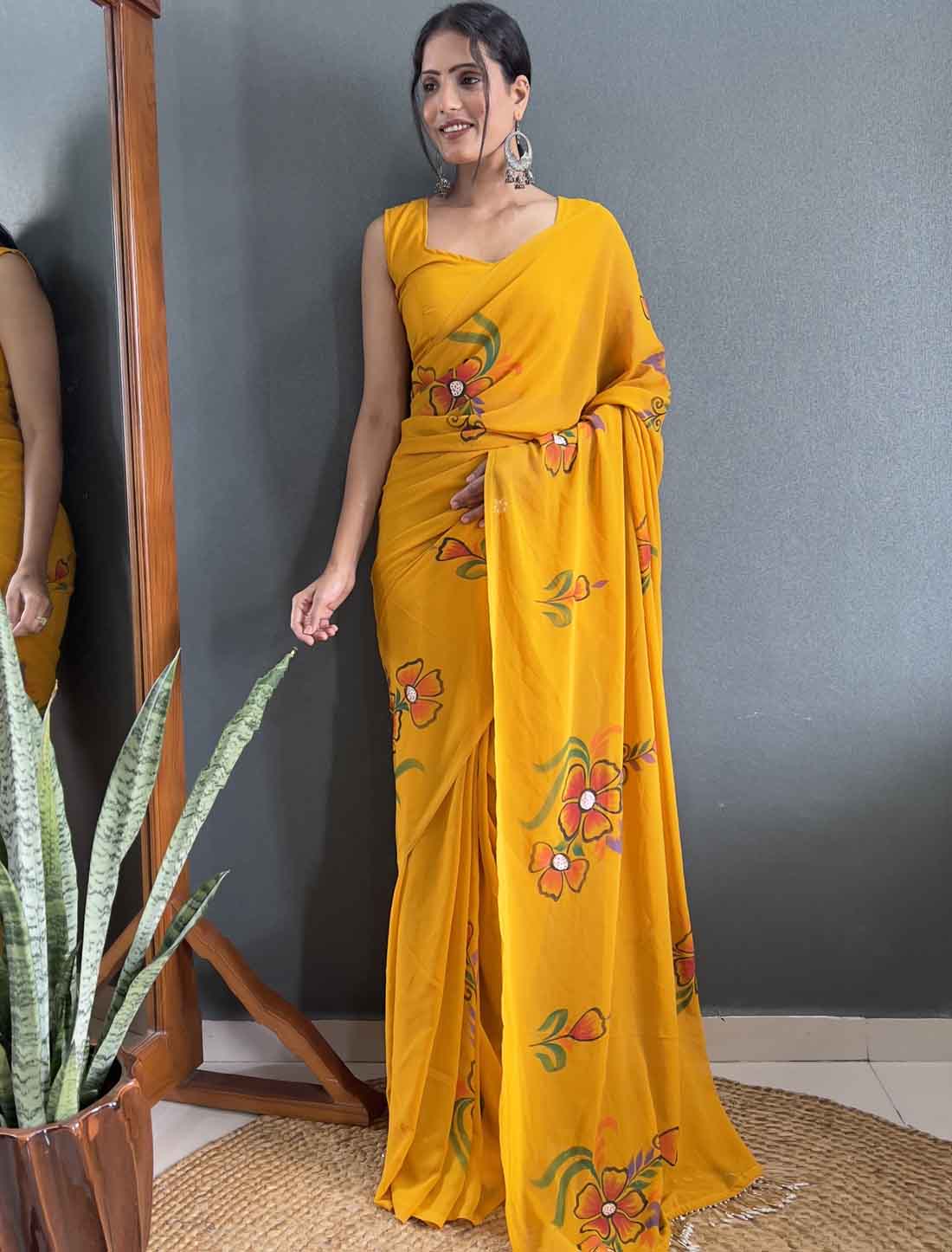 Yellow Faux Georgette Hand Painted Ethnic Ready To Wear Saree