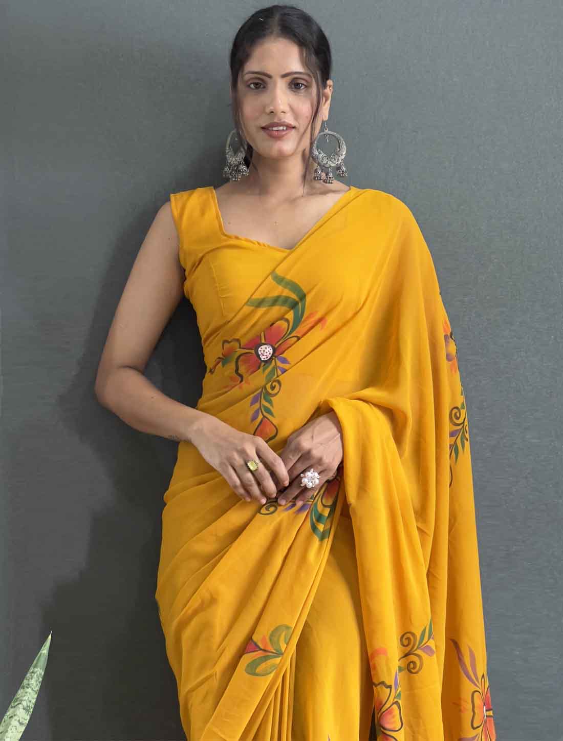 Yellow Faux Georgette Hand Painted Ethnic Ready To Wear Saree