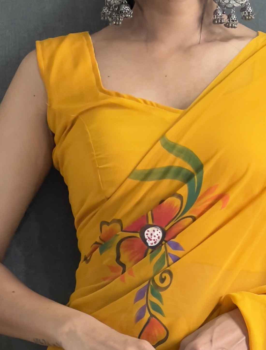 Yellow Faux Georgette Hand Painted Ethnic Ready To Wear Saree