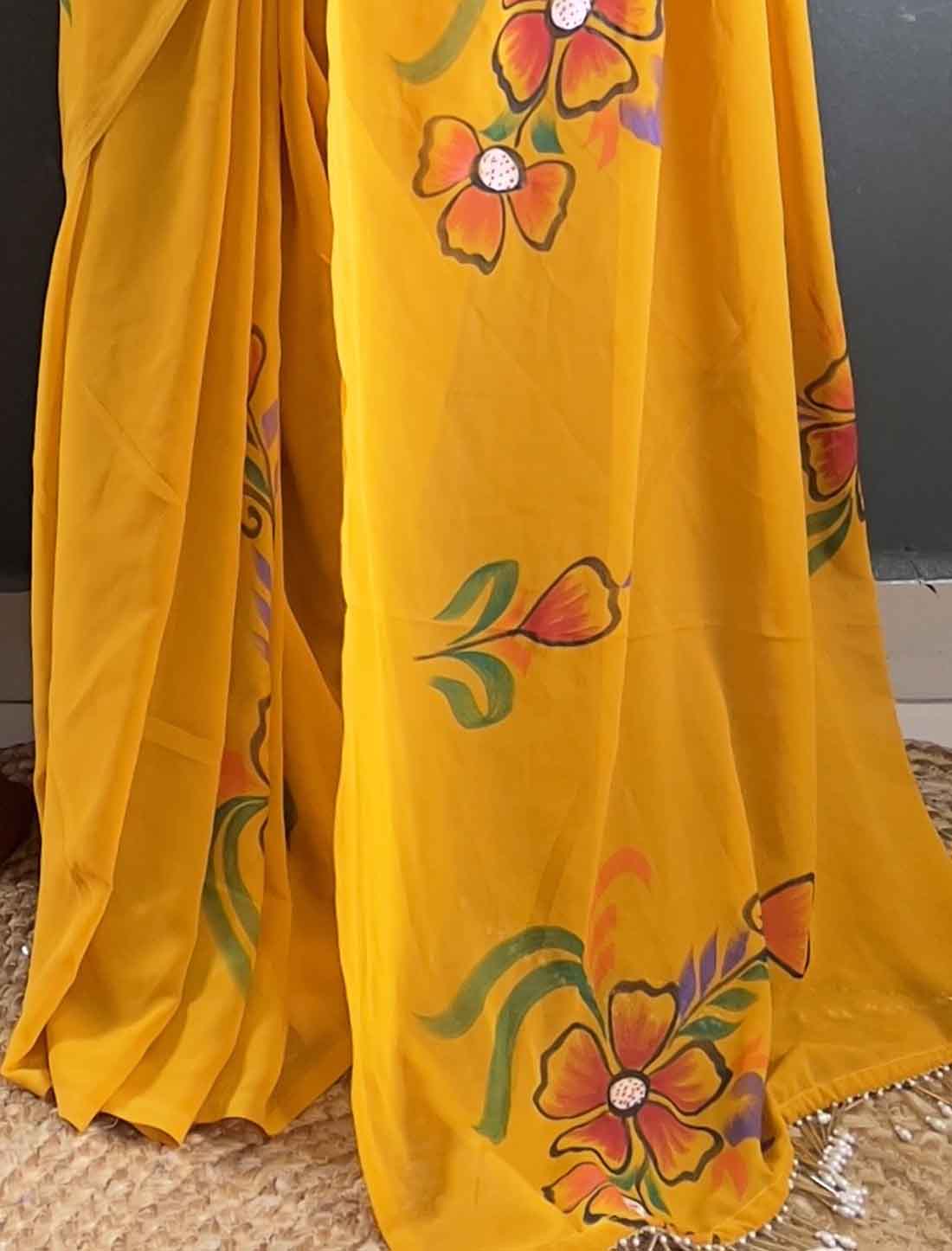 Yellow Faux Georgette Hand Painted Ethnic Ready To Wear Saree