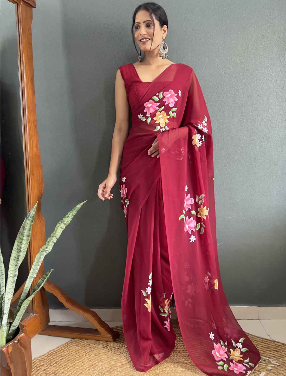 Maroon Faux Georgette Designer Hand Painted Ready To Wear Saree
