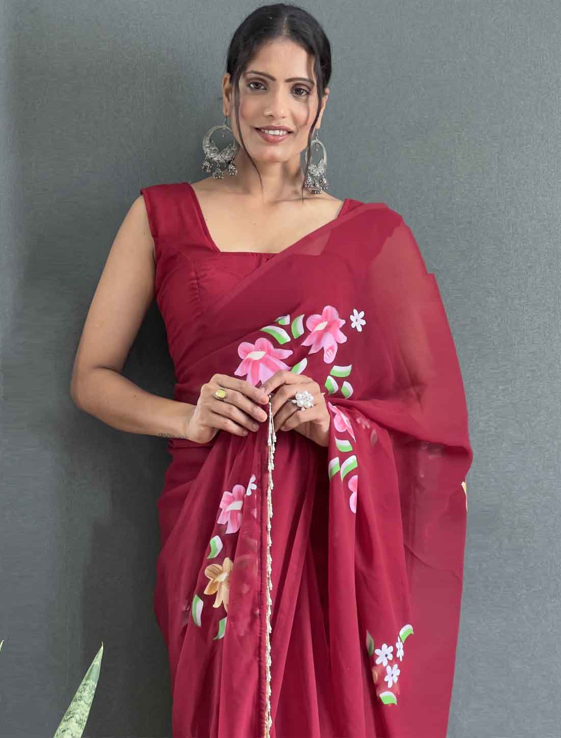 Maroon Faux Georgette Designer Hand Painted Ready To Wear Saree