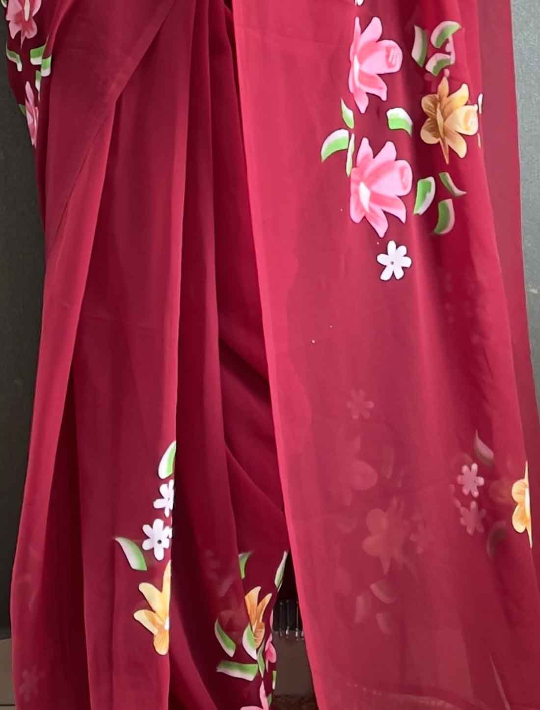 Maroon Faux Georgette Designer Hand Painted Ready To Wear Saree