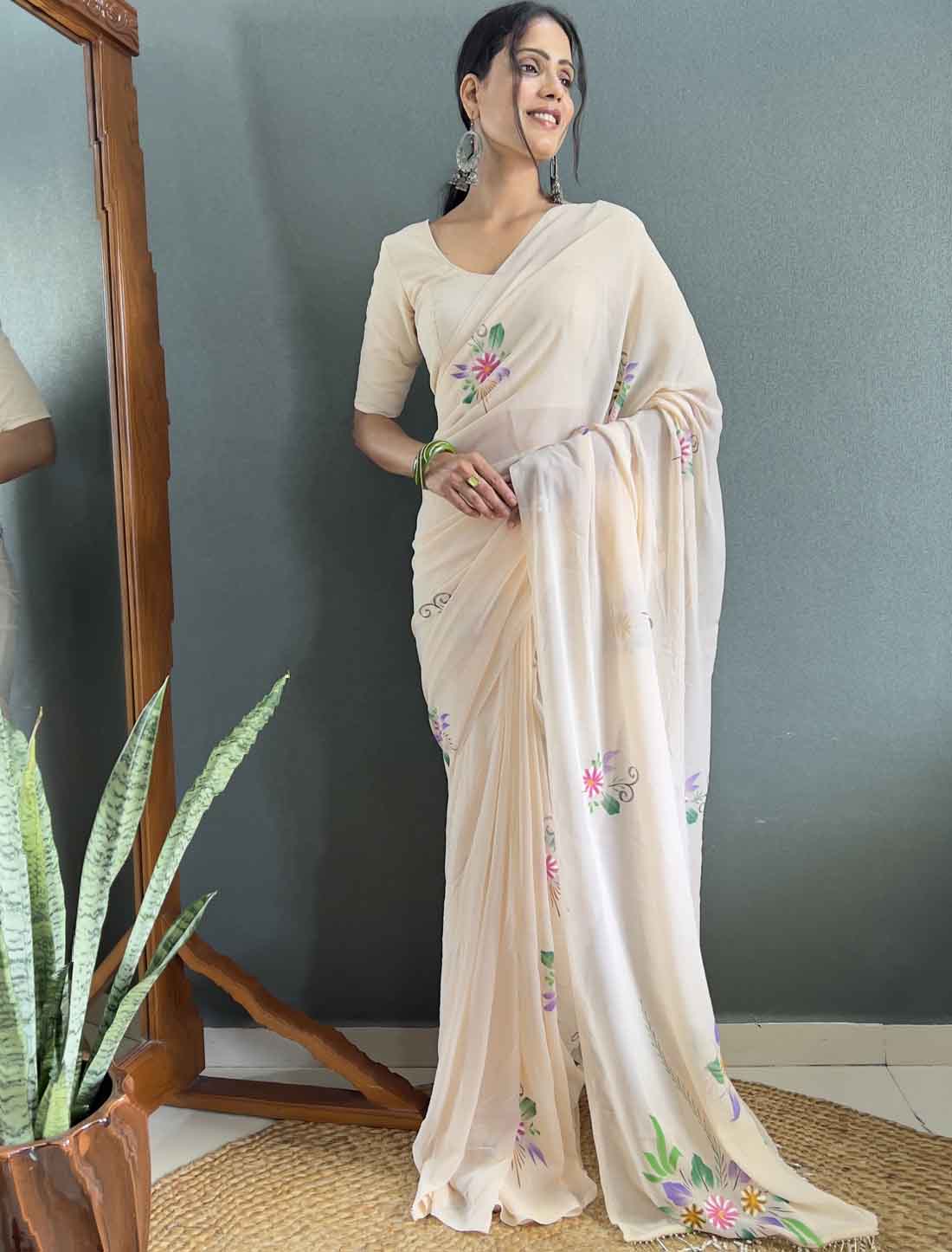 Beige Faux Georgette Ethnic Hand Painted Ready To Wear Saree