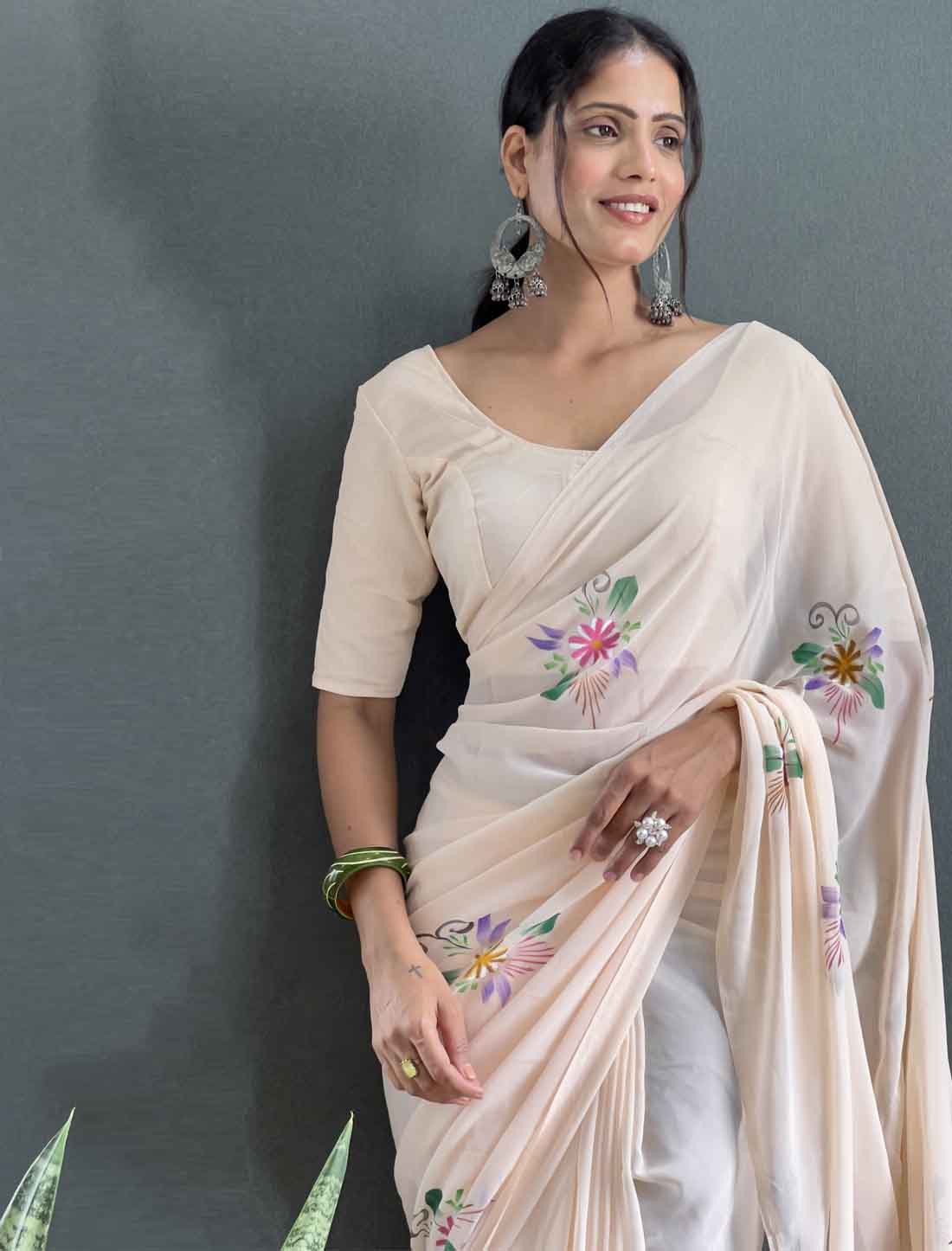Beige Faux Georgette Ethnic Hand Painted Ready To Wear Saree