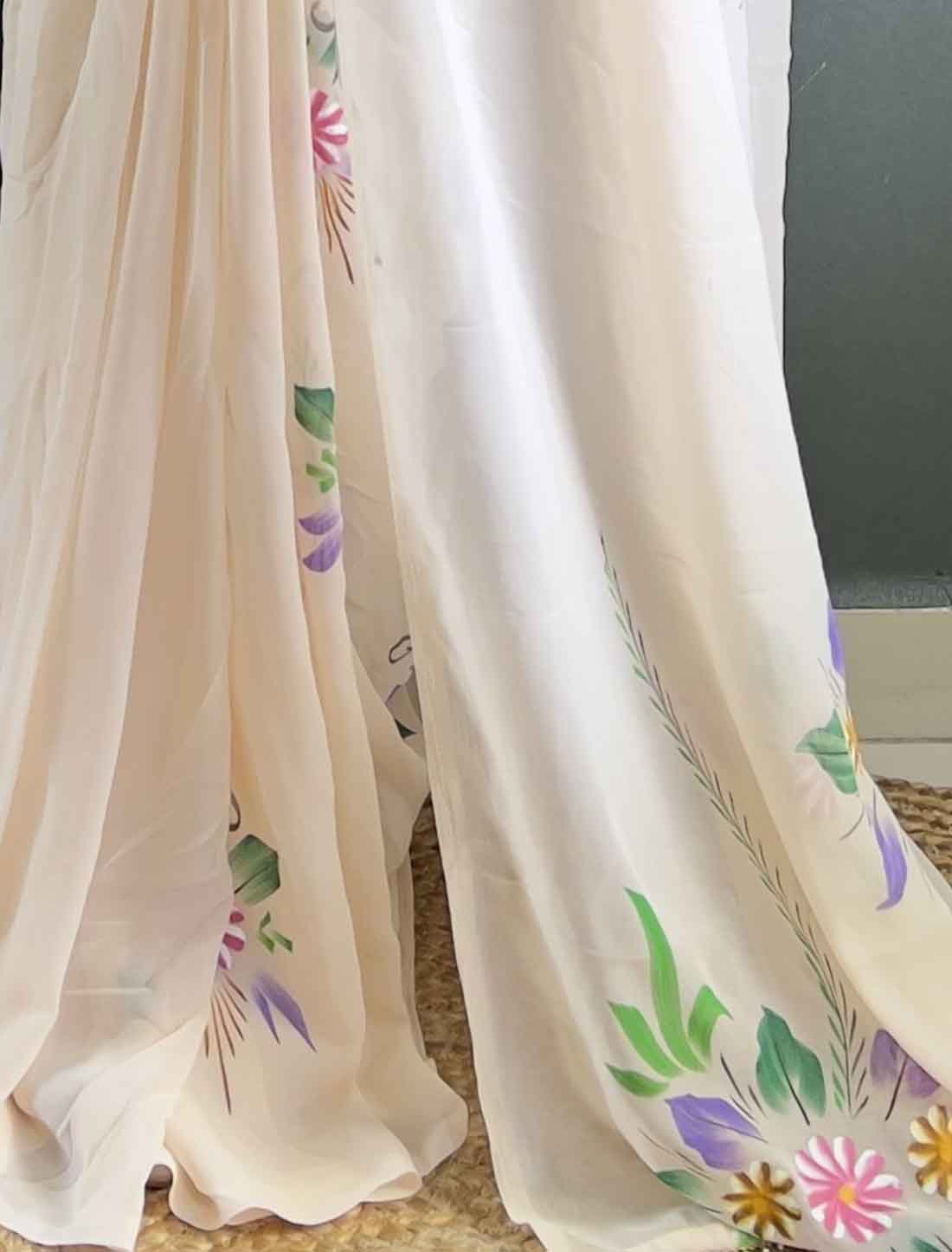 Beige Faux Georgette Ethnic Hand Painted Ready To Wear Saree