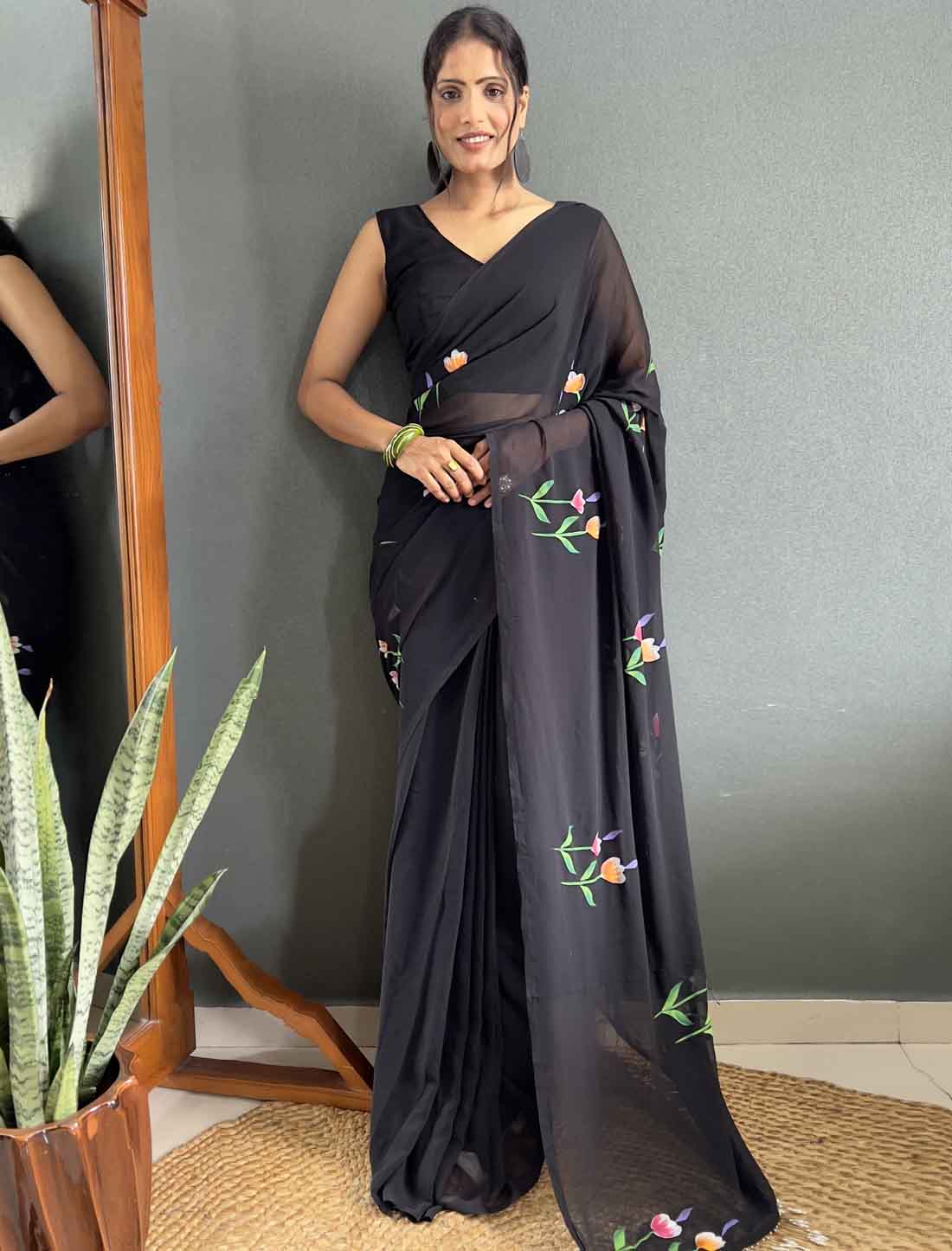 Black Ethnic Faux Georgette Hand Painted Ready To Wear Saree