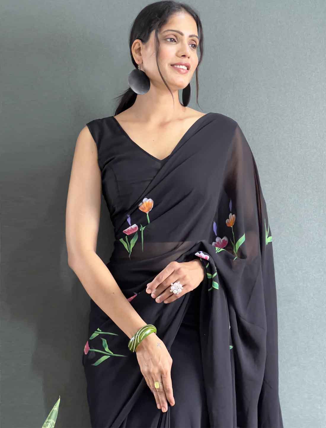 Black Ethnic Faux Georgette Hand Painted Ready To Wear Saree