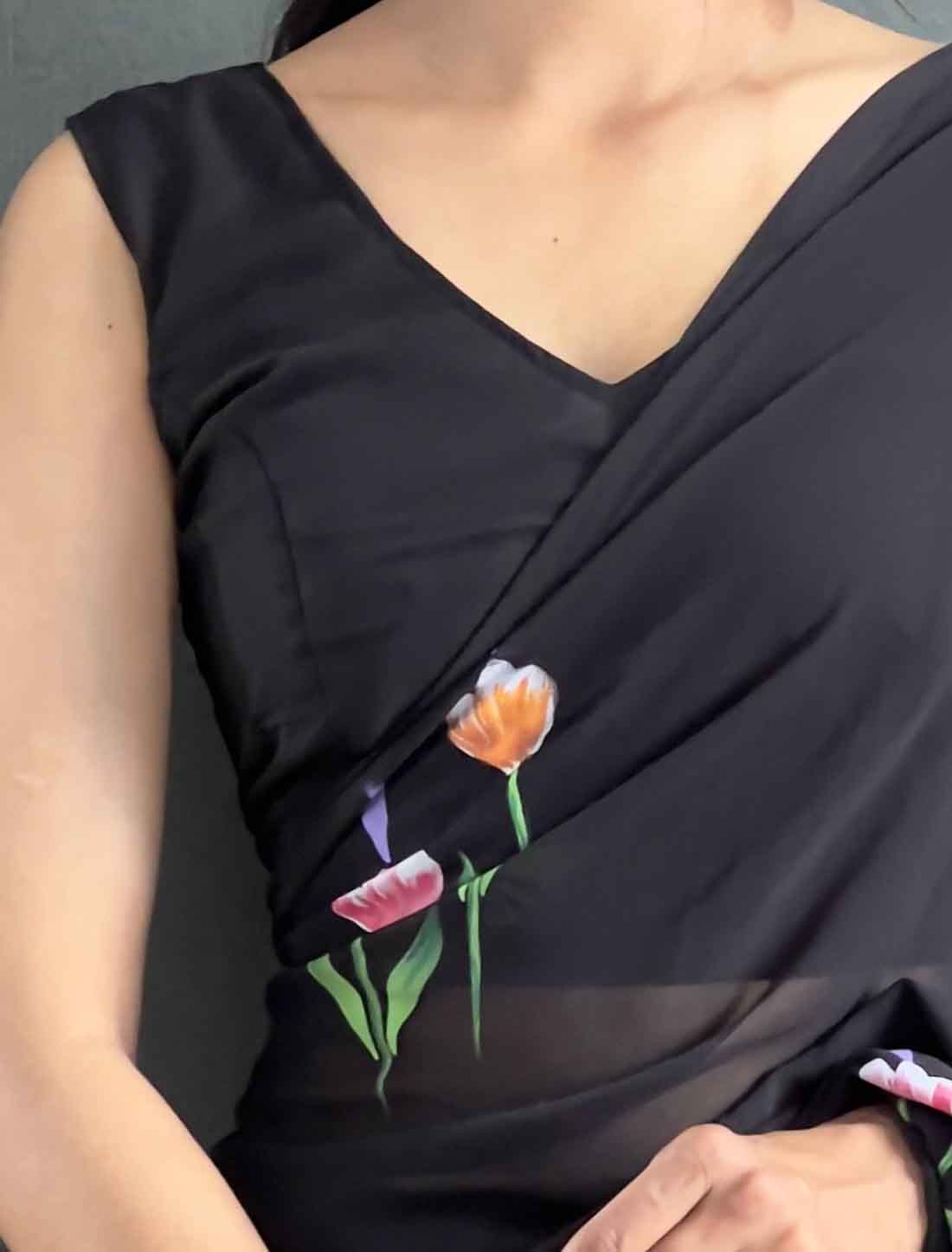 Black Ethnic Faux Georgette Hand Painted Ready To Wear Saree