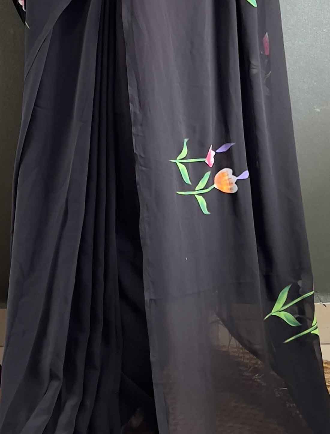 Black Ethnic Faux Georgette Hand Painted Ready To Wear Saree