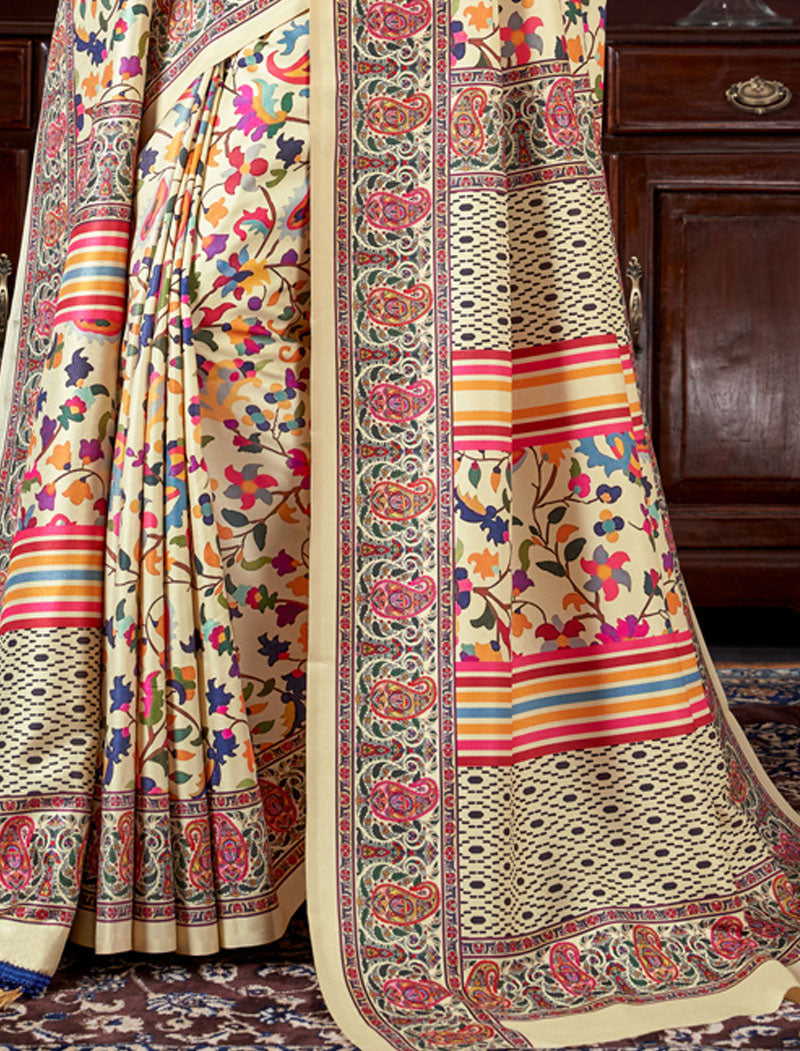 Off White Pashmina Blouse And Shawl With Digital Print Stylish Beautiful Looking Sarees