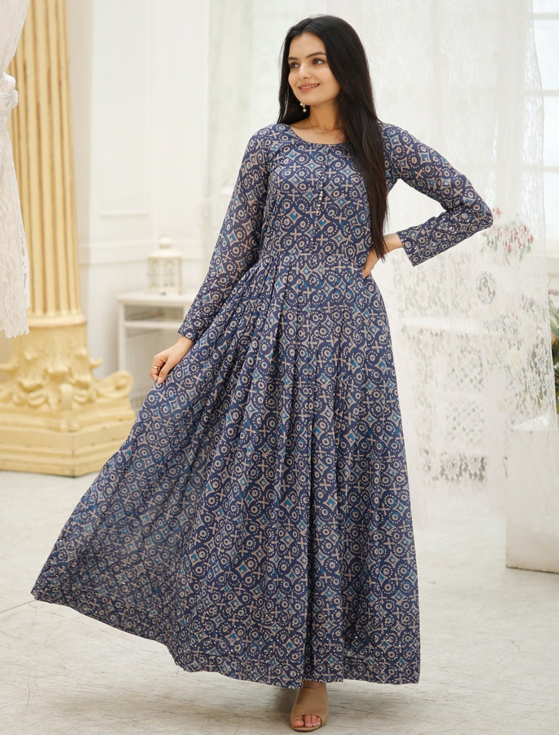 Blue Faux Gorgette Embroidery Gown With Zari Sequins Work