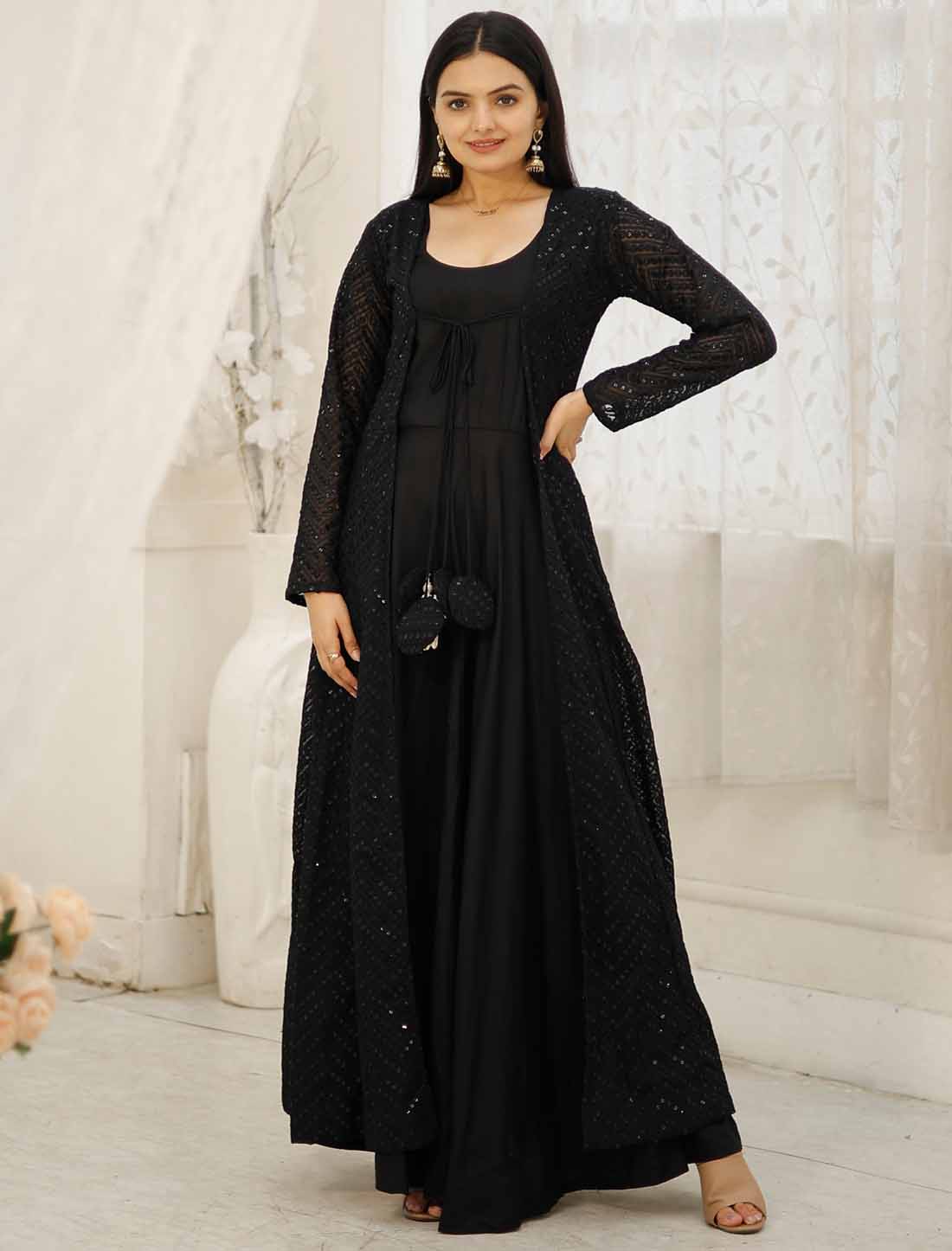 Ethnic Rayon With Georgette Shrug Embroidery Work Gown