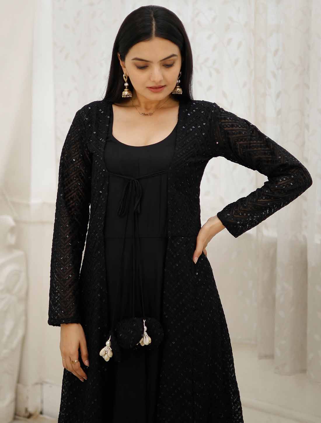Ethnic Rayon With Georgette Shrug Embroidery Work Gown