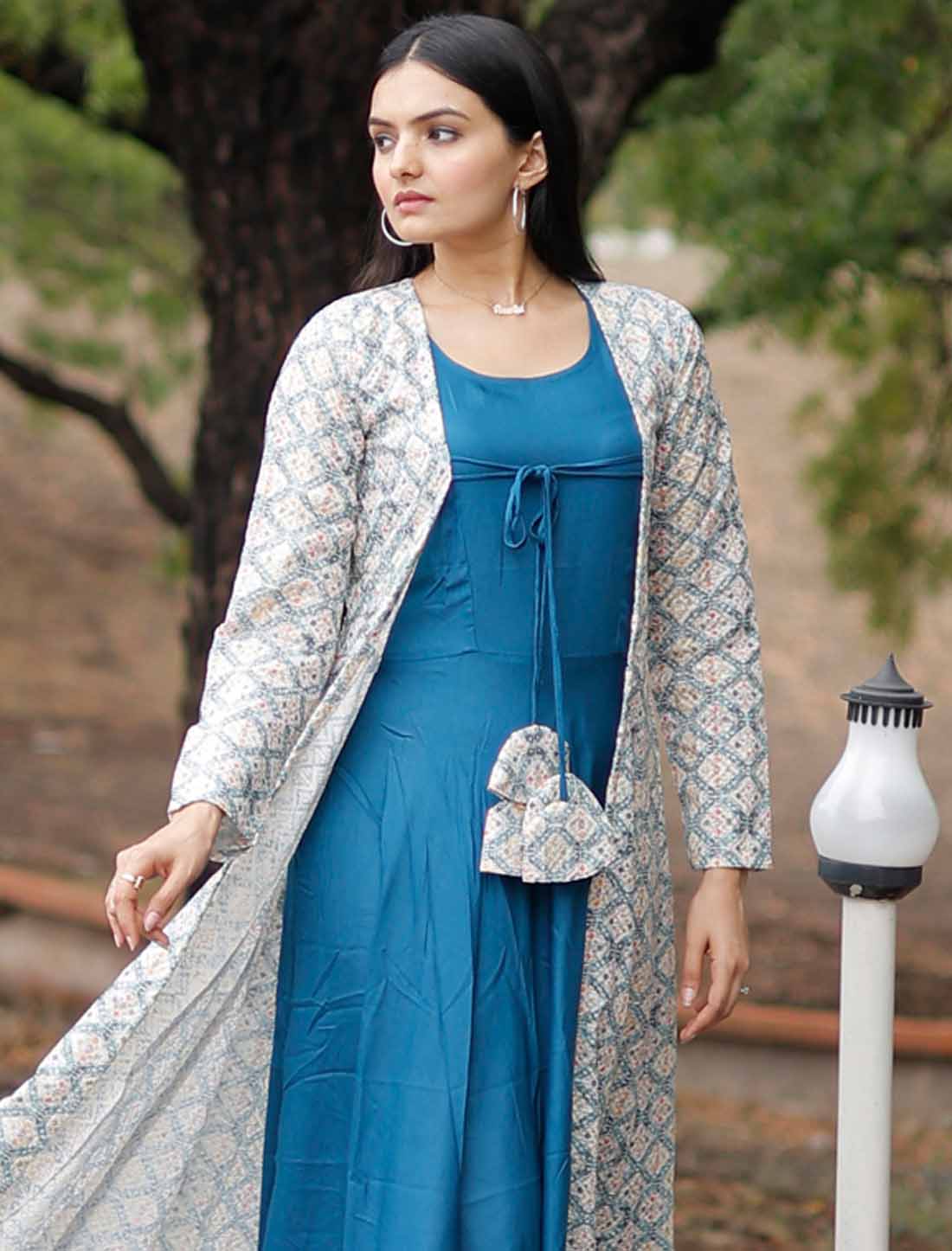 Rayon With Georgette Shrug Embroidery Work Ethnic Gown