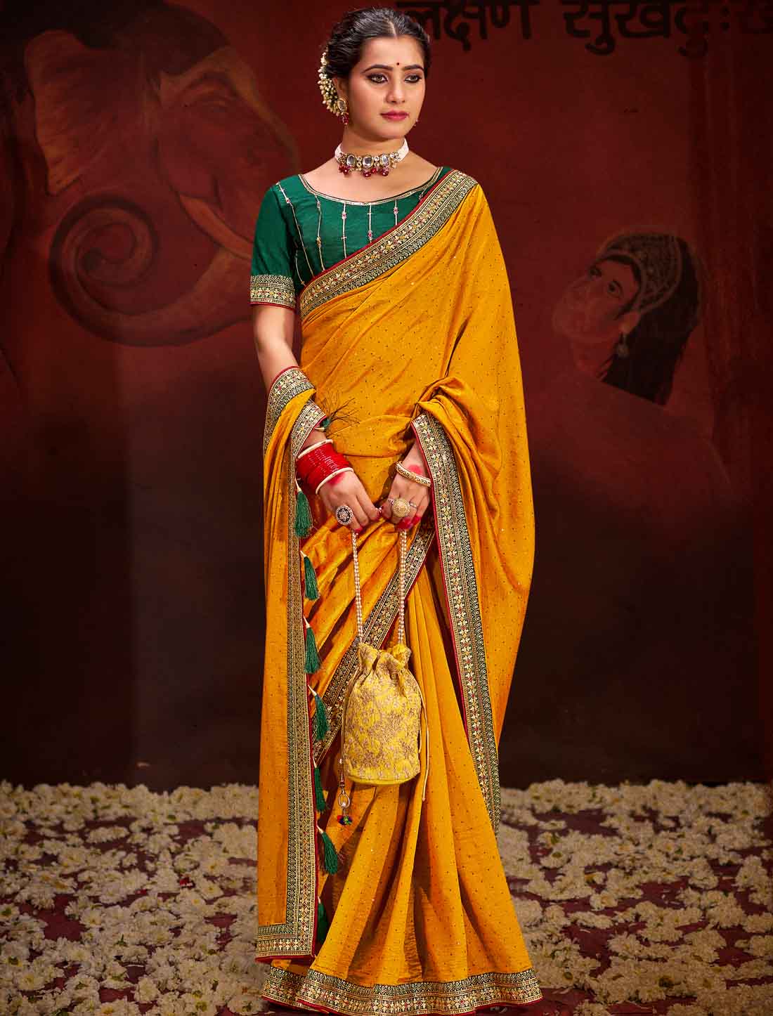 Yellow Vichitra Designer Blooming An Banglori Silk Ethnic Saree